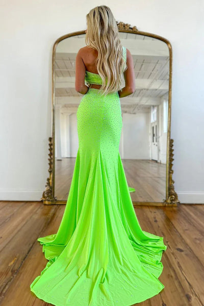 Mermaid One Shoulder Green Satin Beaded Long Prom Dresses VK24041701