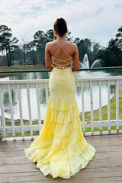 Cute Mermaid V Neck Daffodil Long Prom Dress with Hot Fix VK030509