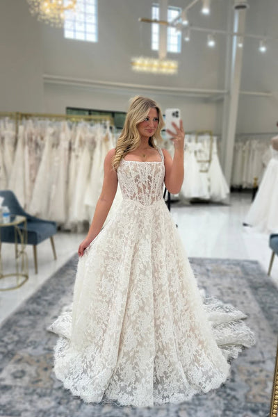 Gorgeous A Line Square Neck Lace Wedding Dress VK5111210