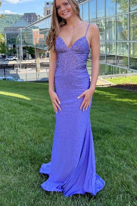 Charming Mermaid V Neck Blue Beading Satin Long Prom Dresses VK23051808