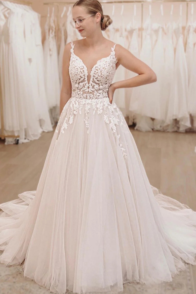 Elegant A Line V Neck Tulle Wedding Dresses with Appliques VK120704