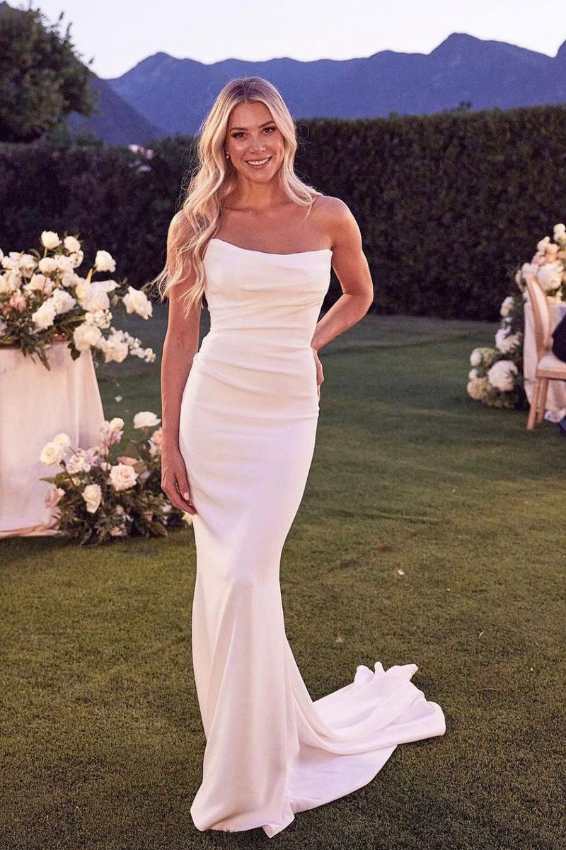 Elegant Mermaid Strapless Elastic Satin Wedding Dresses with Train VK23060502