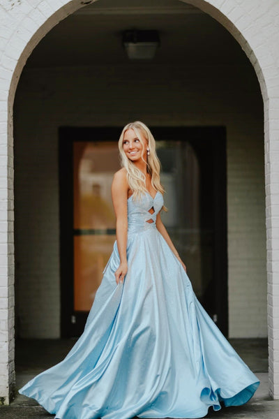 Light Blue Beaded Cutout Sweetheart Long Prom Dress