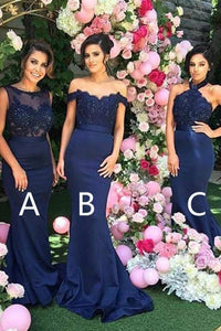 Mermaid Round Neck Navy Blue Bridesmaid Dress with Appliques Beading VK0101022