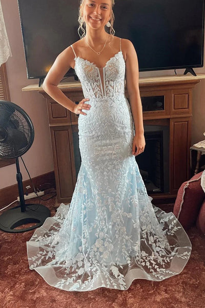 Cute Mermaid V Neck Light Blue Lace Long Prom Dresses with Appliques VK23061104