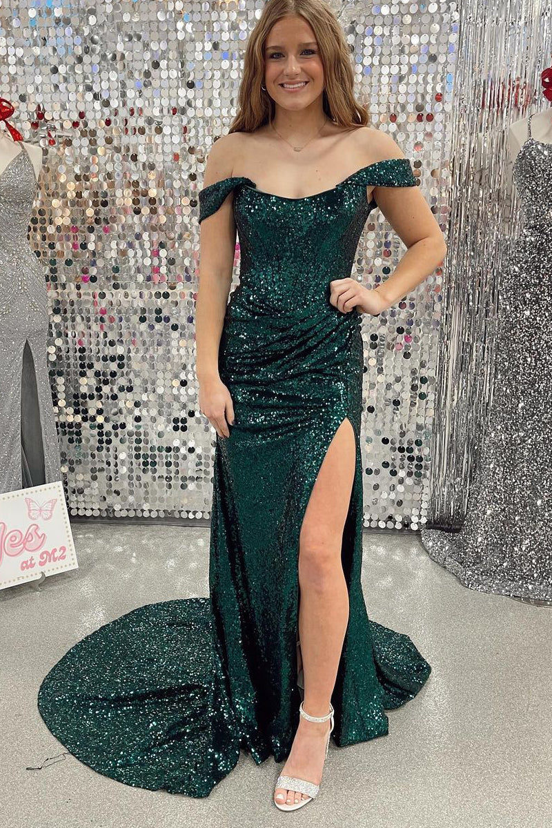 Charming Mermaid Off the Shoulder Dark Green Sequins Prom Dresses VK122201