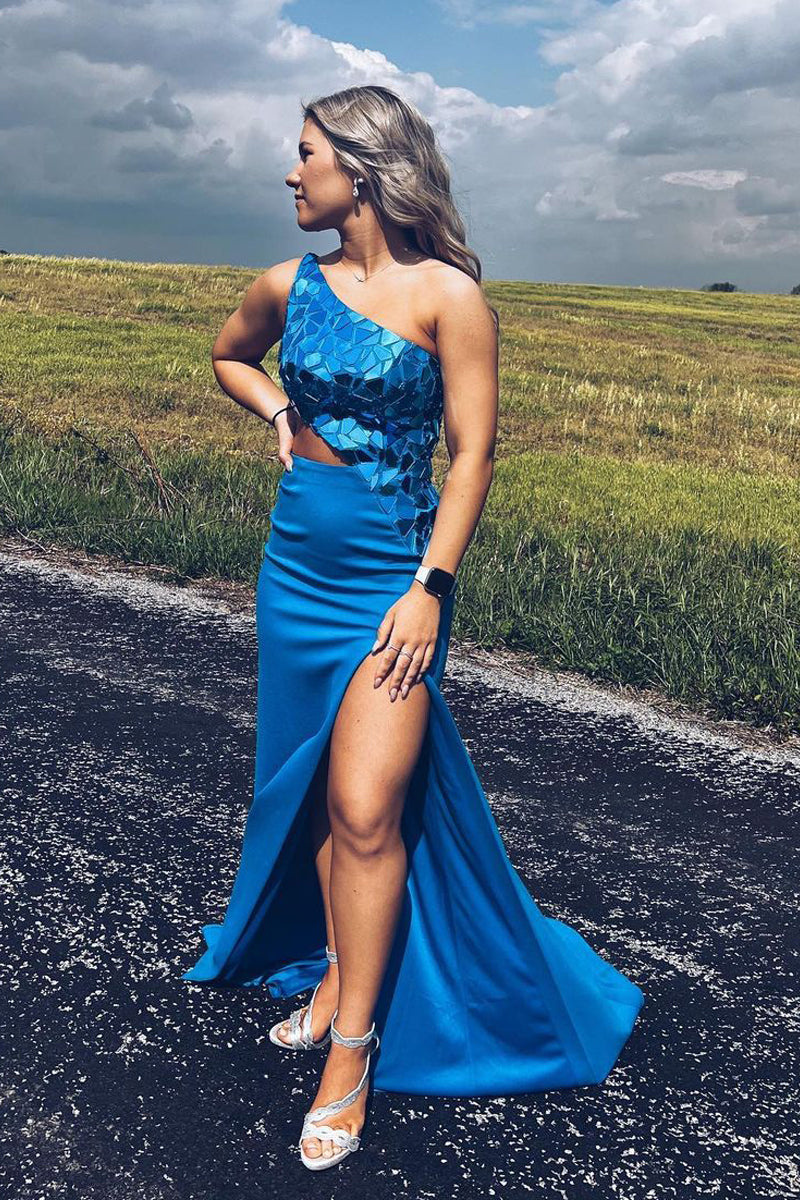 Fashion Mermaid One Shoulder Royal Blue Satin Long Prom Dresses with Slit VK23050305