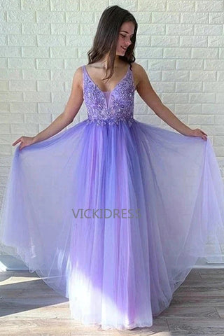 Beaded Tulle Prom Dresses A-line Appliqued Evening Gowns VK0111010