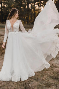 Elegant A Line V Neck Tulle Wedding Dresses with Lace VK111504