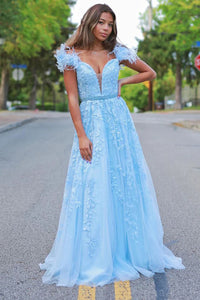 Charming A Line Off the Shoulder Light Blue Long Prom Dresses VK113003