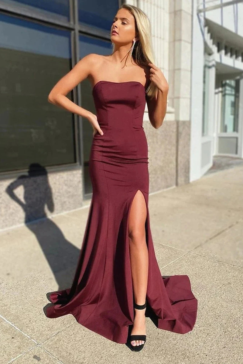 Mermaid Sweetheart Cross Back Burgundy Satin Long Prom Evening Dresses with Side Slit VK0119037