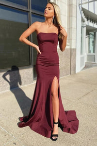 Mermaid Sweetheart Cross Back Burgundy Satin Long Prom Evening Dresses with Side Slit VK0119037