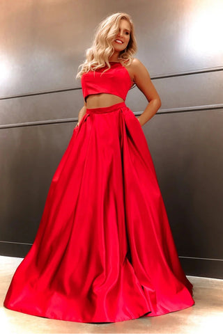 Cute Two Piece Red Satin Long Prom Evening Dresses with Pockets VK0502003