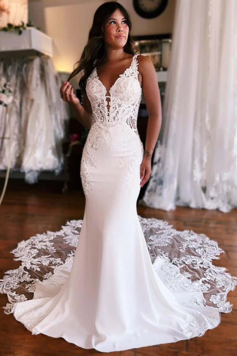Elegant Mermaid V Neck Satin Wedding Dresses with Lace VK23060506