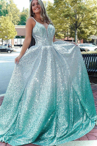 Sparkly A-Line V Neck Sequins Long Prom Evening Dresses VK0628003