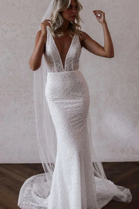 Sparkly Mermaid V Neck Sequins Lace Long Wedding Dresses VK23052103