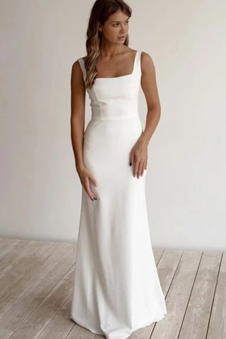 Whtie A-Line Sleeveless Floor-Length Satin Zipper-up Wedding Dress With Bateau Neck VK0701009