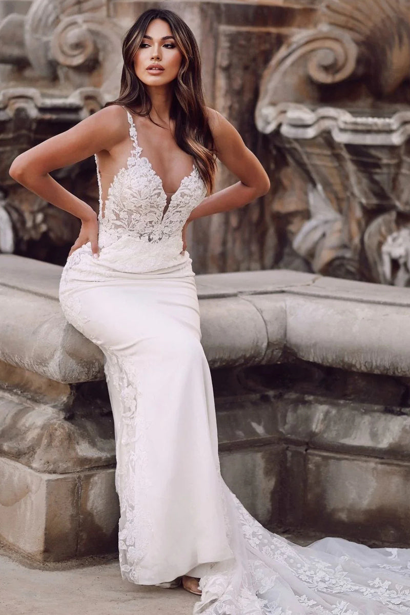 Charming Mermaid V Neck Satin Wedding Dresses with Lace Appliques VK23050504