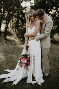 Gorgeous A-Line Spaghetti Straps Backless Hi-Low White Lace Wedding Dress VK011009