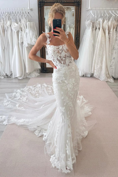 Elegant Mermaid Square Neck Lace Wedding Dress with Appliques VK061501