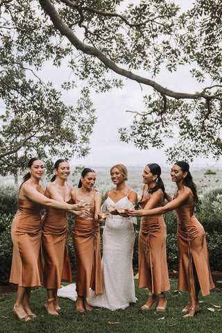 Bohemian Sheath Cowl Neck Silk Satin Bridesmaid Dress VK25061101
