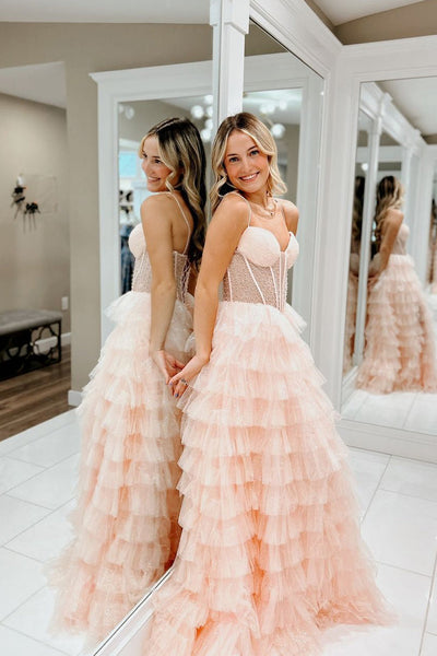 Cute A Line Straps Glitter Tiered Tulle Long Prom Dresses