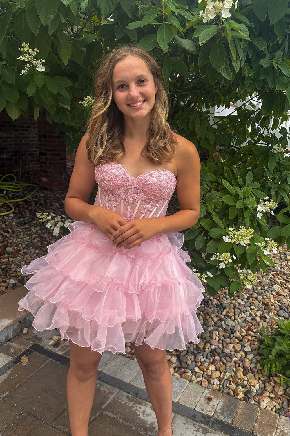 Cute A Line Sweetheart Organza Short Homecoming Dresses with Appliques VK24100709