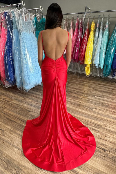 Red V-Neck Open Back Mermaid Long Formal Dress with Slit VK23102610