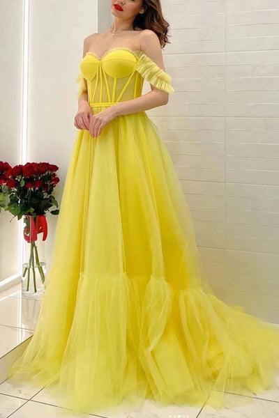 A Line Off the Shoulder Yellow Corset Prom Dress VK23110101