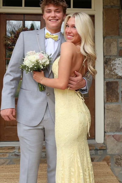 Gorgeous V Neck Spaghetti Straps Yellow Lace Appliques Prom Dress VK26011501