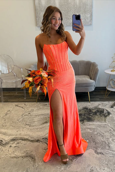 Sparkly Mermaid Scoop Neck Orange Satin Prom Dress with Hot Stone VK5111206