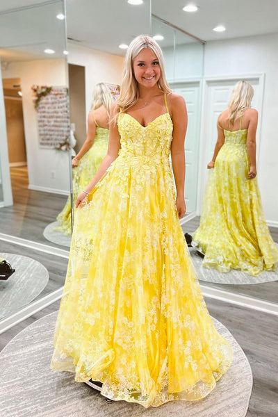 Yellow A-Line Tulle Appliques Long Prom Dresses VK23091506