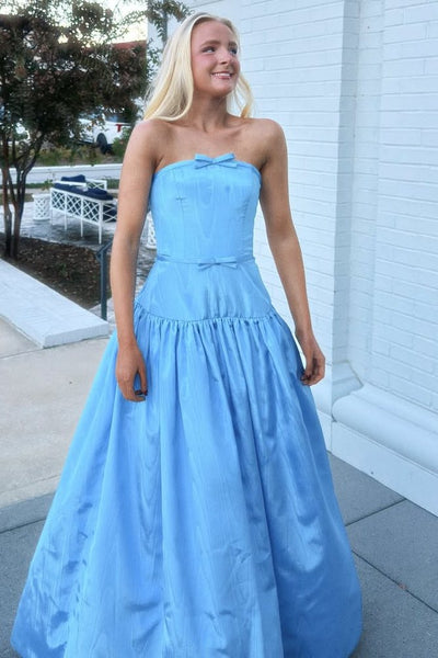 Cute A-Line Strapless Blue Satin Prom Dresses with Bow VK26020501