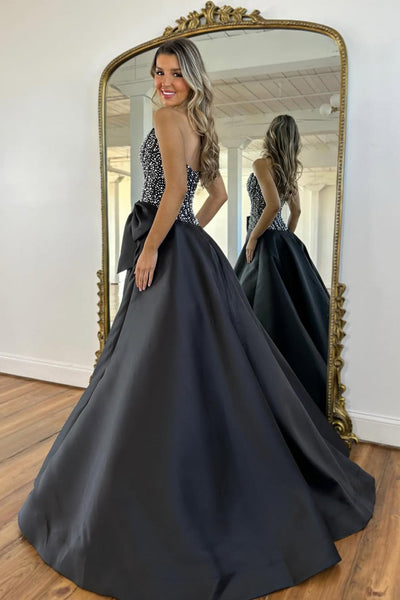 Gorgeous A Line Strapless Black Satin Prom Dress with Beading VK011705