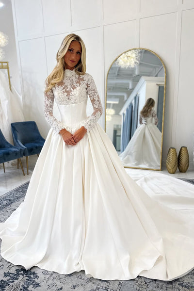 Vintage Ball Gown High Neck Lace Satin Wedding Dress with Long Sleeves VK15112707