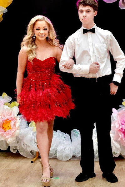 Red Strapless Sequins Feathers A-line Homecoming Dress VK23061710