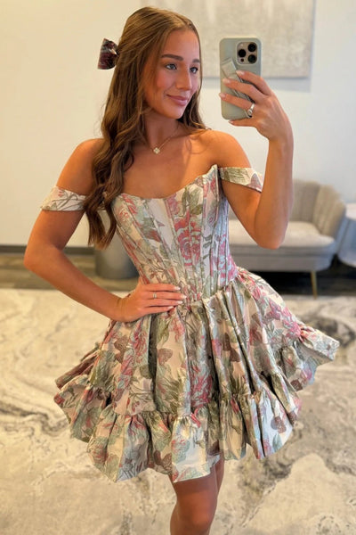 Lovely A-Line Off the Shoulder Pink Floral Printed Short Homecoming Dresses VK25092607