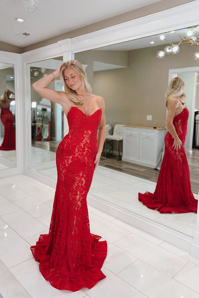 Charming Mermaid Sweetheart Neck Red Lace Long Prom Dress VK25100402