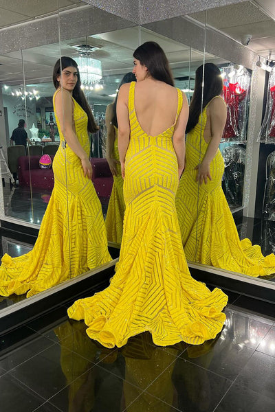 Mermaid Deep V Neck Yellow Sequins Long Prom Dresses VK24030204