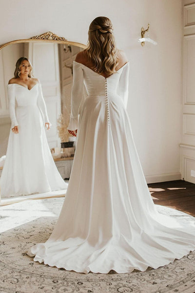 Simple A-Line Off the Shoulder Long Sleeves White Satin Wedding Dresses VK23090609