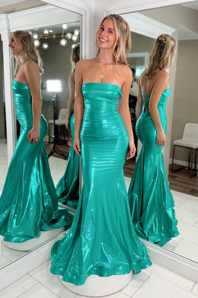Gorgeous Mermaid Strapless Green Metallic Satin Long Prom Dresses VK26020202