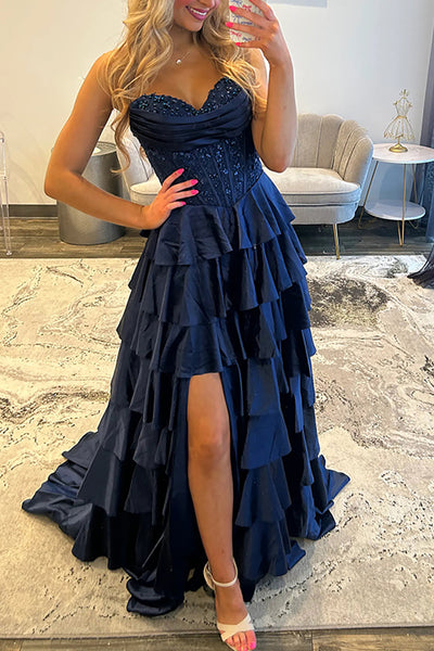 A-Line Strapless Navy Blue Ruffle Tiered Satin Long Prom Dress with Beads VK26010502