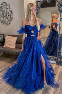 Royal Blue Tulle Off-Shoulder Rhinestones Long Prom Dress with Slit VK23102707