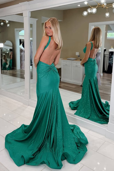 Mermaid Deep V Neck Dark Green Glitter Satin Long Prom Dresses Evening Dresses with Side Slit VK25101707