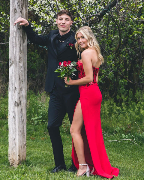 Sparkly Mermaid Sweetheart Red Satin Long Prom Dresses with Beading VK2306074