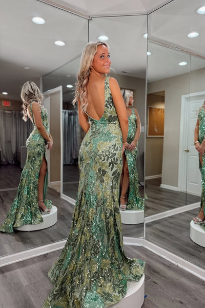 Mermaid V Neck Sage Green Sequins Lace Long Prom Dress with Slit VK25112506