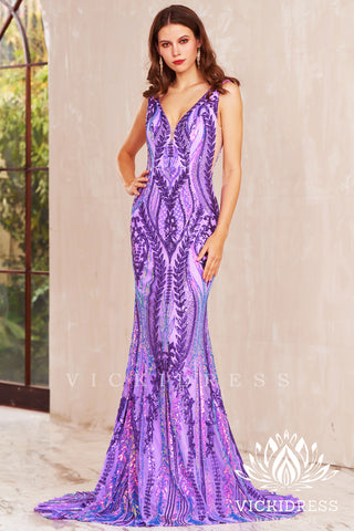 Purple Sequin Lace V Neck Mermaid Long Prom Dress VK23121906