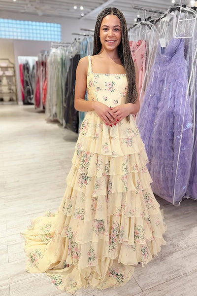 A Line Square Neck Floral Chiffon Long Prom Dress with Pearls VK030508
