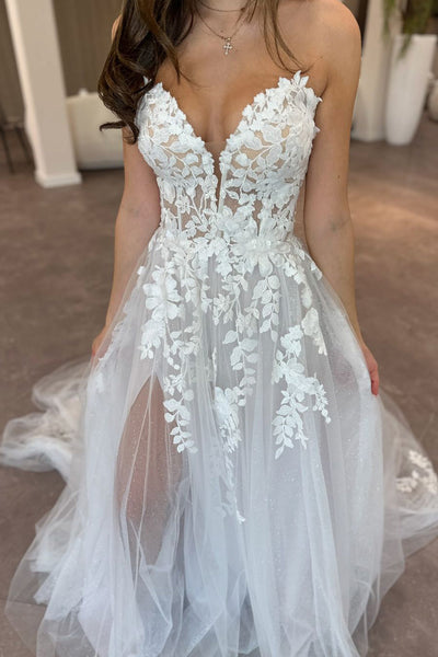 Fairy A Line V Neck Tulle Long Wedding Dresses with Appliques
