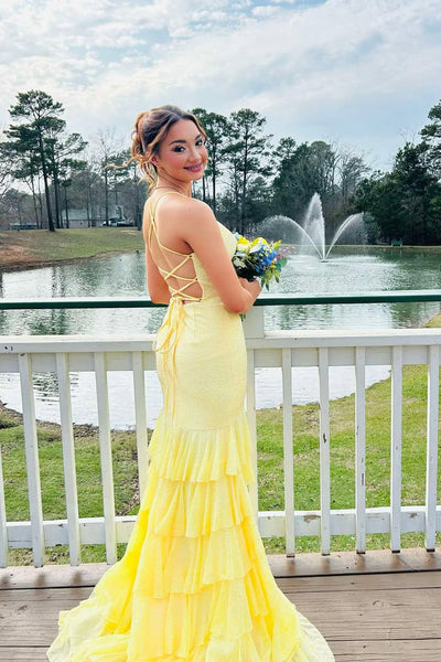Cute Mermaid V Neck Daffodil Long Prom Dress with Hot Fix VK030509